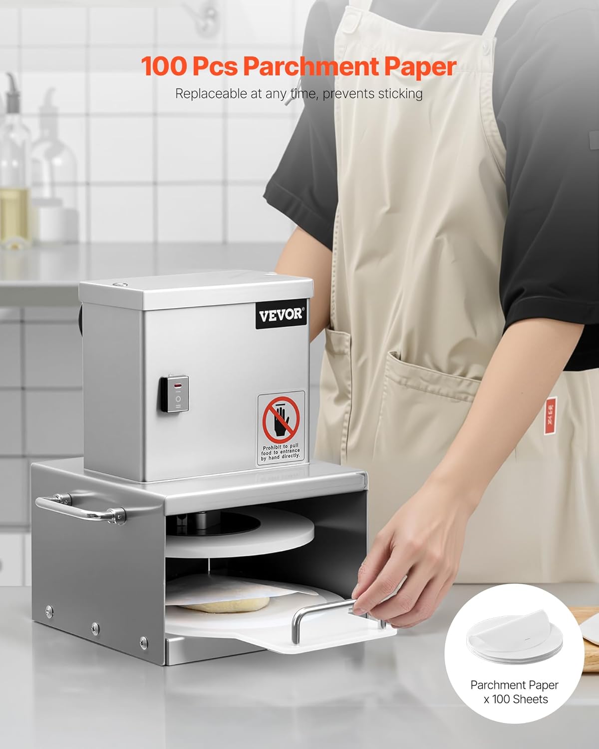 VEVOR Electric Pizza Dough Press Machine, 6 Inch Pizza Pastry Press Plate, Stainless Steel Bread Presser, Commercial Forming Machine with Adjustable Thickness and 100 Sheets of Parchment Paper